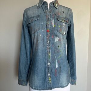 Blank NYC Splatter Paint Denim Button up Contemporary Jean Cotton Shirt XS